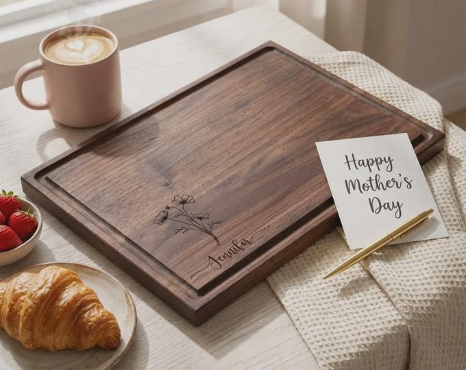 Personalized Walnut Cutting Board for Mom, Custom Engraved Floral Charcuterie Tray, Mother's Day Gift