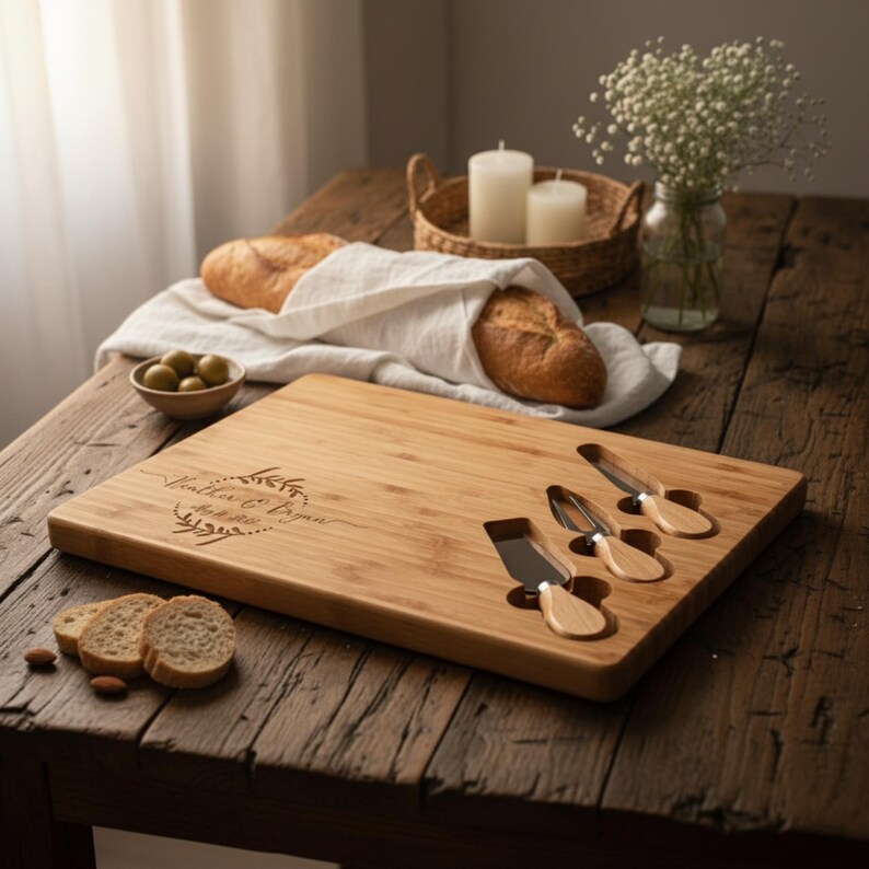 Personalized Bamboo Cheese Board Set, Custom Engraved Charcuterie Platter, Wedding gift image 9