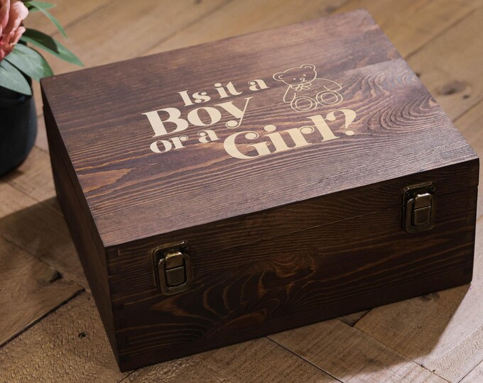 Personalized Gender Reveal Memory Box, Engraved Wooden Trinket Box: Customized Rustic Box For Babies, Newborn Keepsake Gift Girl or Boy Box