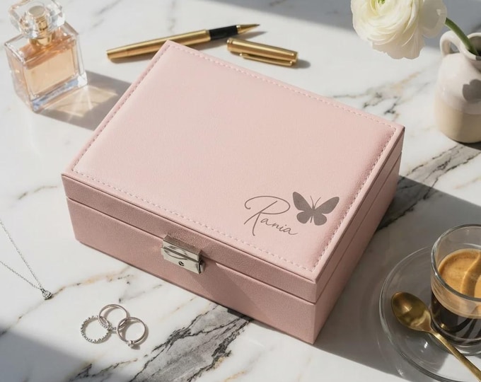 Personalized Vegan Leather Jewelry Box with Lock, Custom Engraved Organizer, Mother's Day Gift