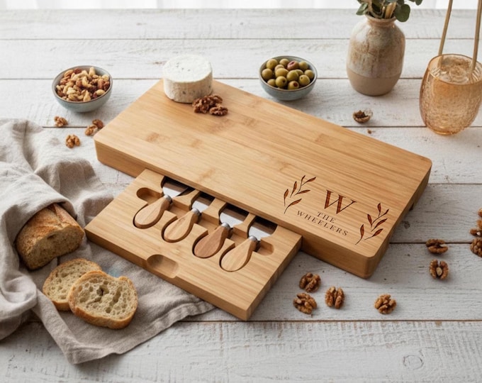 Personalized Bamboo Charcuterie Board Set: Engraved Cheese Board, Coasters