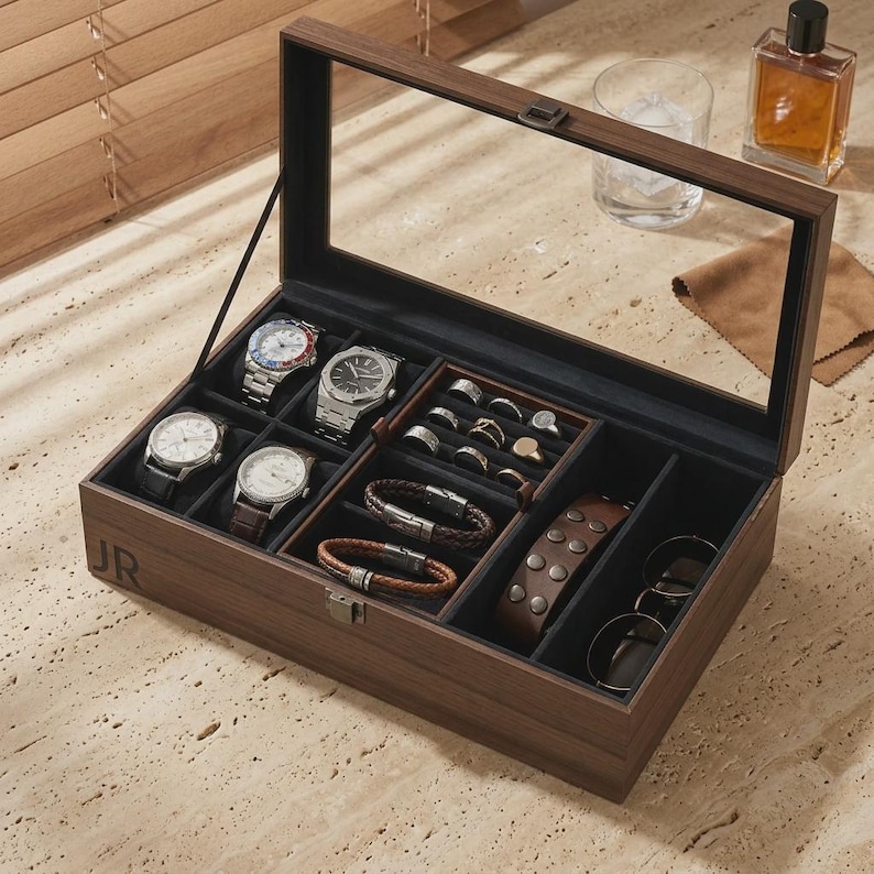 Custom Engraved Watch Box - 6-Watch veneered walnut Case for Men, Personalized Watch Storage, Ideal Gift for Him, Christmas Gift 画像 10