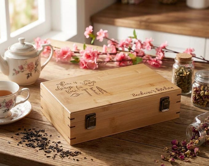 Personalized Tea Box, Custom Engraved Tea Organizer Gift for Mother's Day, Grandma, Tea Lovers, Kitchen Decor