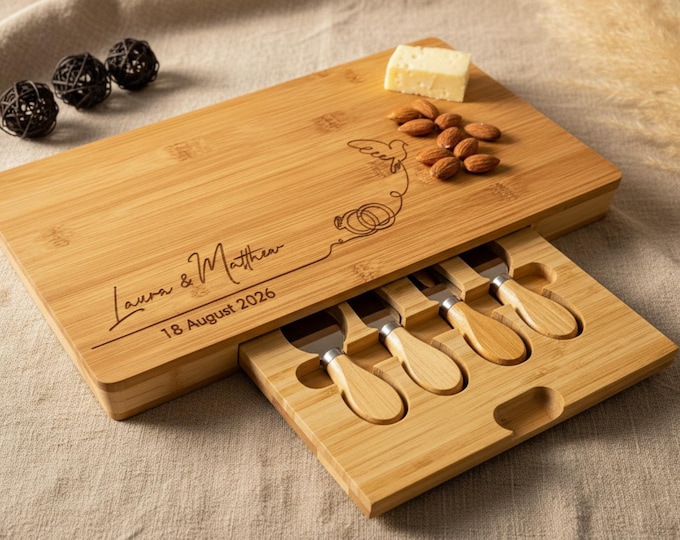 Personalized Charcuterie Board, Dove: Custom Engraved Bamboo Cheese Board, Engagement Gift, Gift for the Couple, Wedding Gift, Hosting Gift