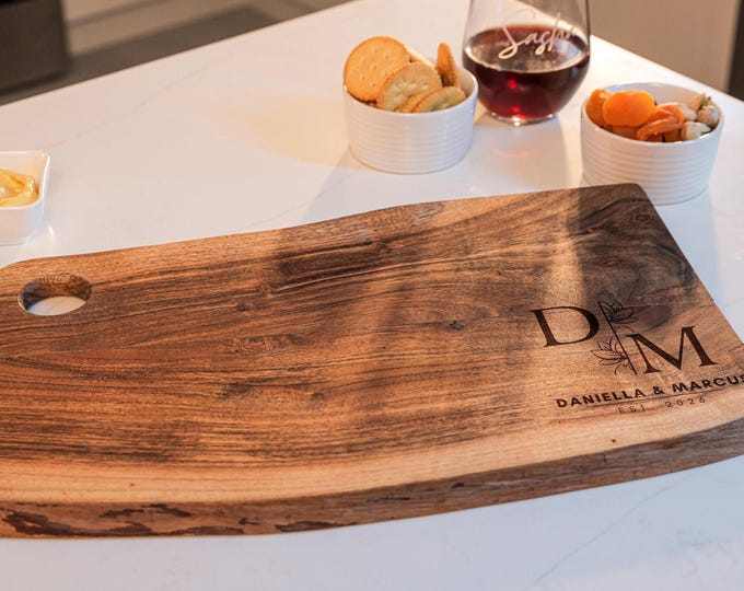 Personalized live edge cutting board - Rustic Custom Engraved Charcuterie Board: Couples, housewarming, Hosting, Wedding, Christmas Gifts