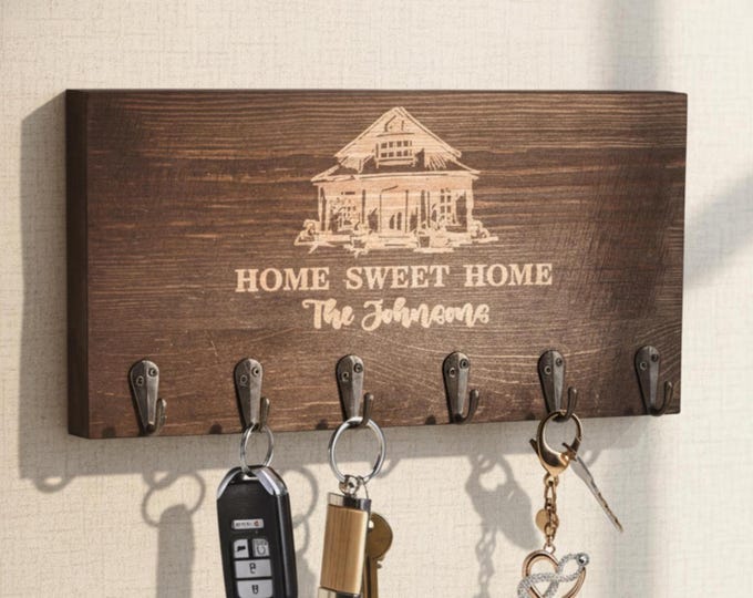 Personalized Key Hanger – Home Sweet Home: Custom Engraved Wall Key Holder for Rustic Home Decor, Housewarming, Family, and Realtor Gift