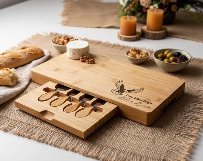 Personalized  Charcuterie Board: Custom Engraved Eangle Bamboo Cheese Board For Couples - Housewarming and Wedding Gift