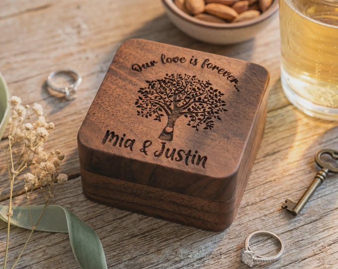 Rustic Wedding Ring Box | Personalized Walnut Wood Case & "Tree of Life" Ceremony Prop