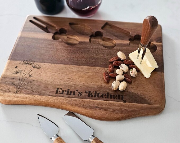 Personalized Kitchen Acacia Cheese Board | Engraved Floral Cheese Board Gift for Mom | Grandma's Kitchen | Charcuterie Board Set