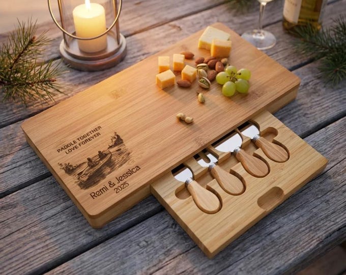 Kayaking Couple Gift | Personalized Charcuterie Board & "Paddle Together" Canoe Wedding Present