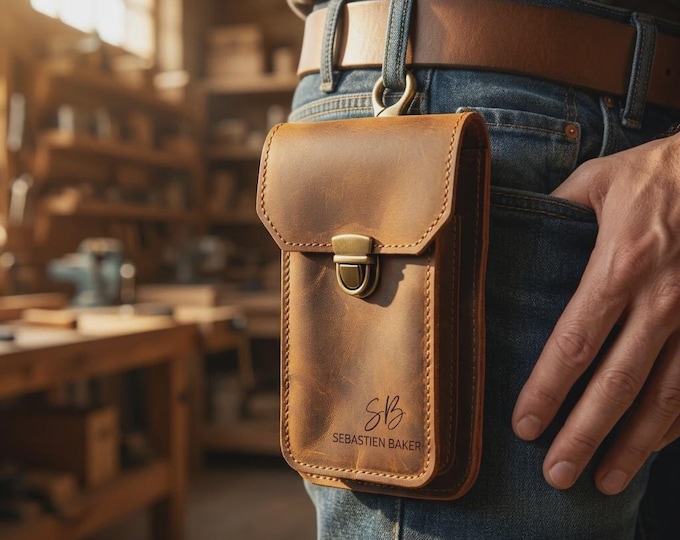 Personalized Crazy Horse Leather Phone Holster, Custom Engraved Double Belt Pouch for Workers