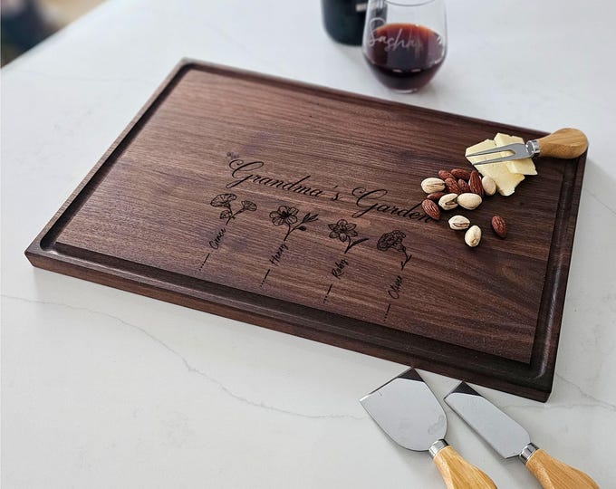 Personalized Cutting Board, Birth Flowers: Custom Engraved Charcuterie Board, Grandma Gift, Gift for Her, Moms Gift, Grandmas Garden