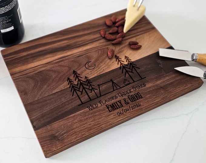 Personalized Charcuterie Board – Camping Couple: Custom Cutting Board | Outdoors, Camp, Under The Stars, Stargazing, Adventure, Wedding Gift