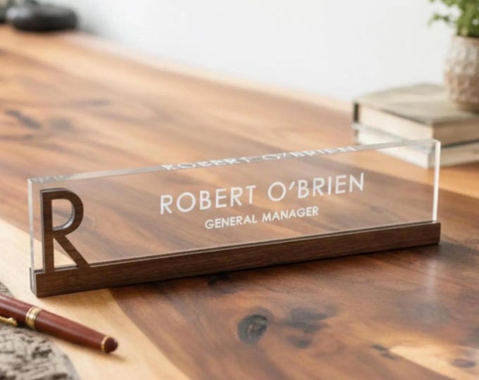 Personalized Desk Name Plate | Custom Acrylic & Walnut Wood Office Sign | Engraved Name Plate | Modern Desk Accessory | Office Decor