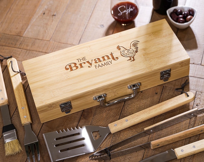 Personalized Engraved BBQ Set – Custom Grill Master Tool Set in Bamboo Case for BBQ Lovers, Chicken Cut Chart, Housewarming Gift