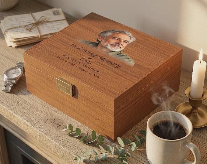 Personalized Wood Memorial Box with Custom Photo, Engraved Walnut or Pine Keepsake Chest, Sympathy Gift