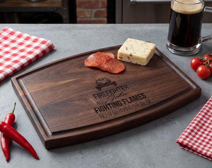 Firefighter Gift for Men | Personalized Cutting Board & "Fighting Flames" Retirement Present