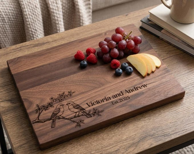 Personalized Lovebirds Cutting Board | Custom Walnut Charcuterie Platter & Romantic Wedding Gift for Nature Lovers