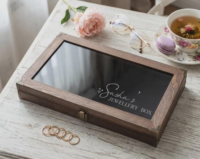 Personalized Wood Jewelry Box with Glass Lid, Custom Engraved 66 Slot Earring Organizer, Gift for Mom
