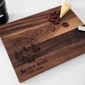 Personalized Cutting Board – Mountain Camping: Custom Engraved Charcuterie Board, Campfire, Camping Lovers, Housewarming, Wedding Gift