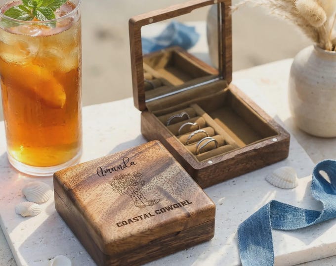 Personalized Coastal Cowgirl Wooden Jewelry Chest - Custom Engraved Travel Accessory Case with Mirror