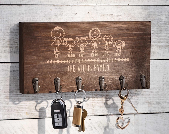Personalized Key Hanger –Comic Family: Custom Engraved Wall Key Holder With Your Chosen Family Characters, Unique Rustic Home Decor
