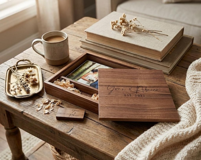 Personalized Walnut Wooden Photo Album Box Flash Drive Pendrive – Custom Engraved, Wedding Gifts Packaging, USB3.0, 64GB Capacity