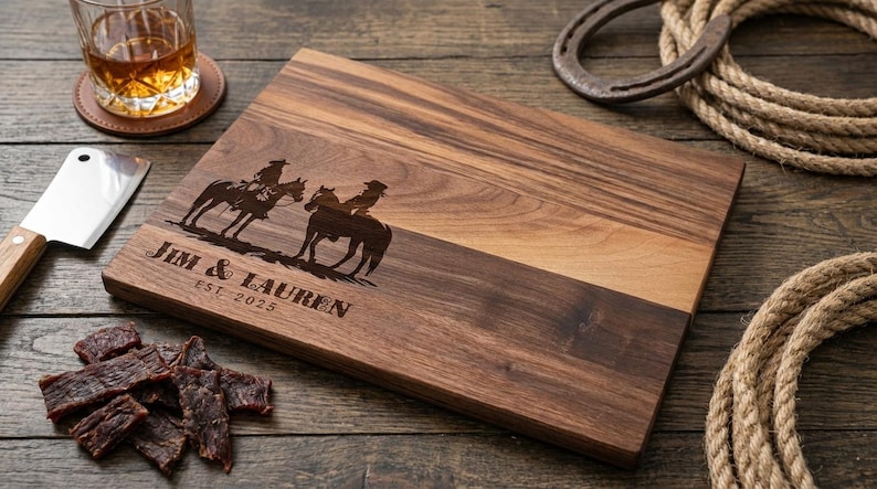 Planche à découper personnalisée - Cowboy et cow-girl avec cheval : charcuterie gravée personnalisée, décoration de cuisine occidentale, cadeau pour elle et lui image 15