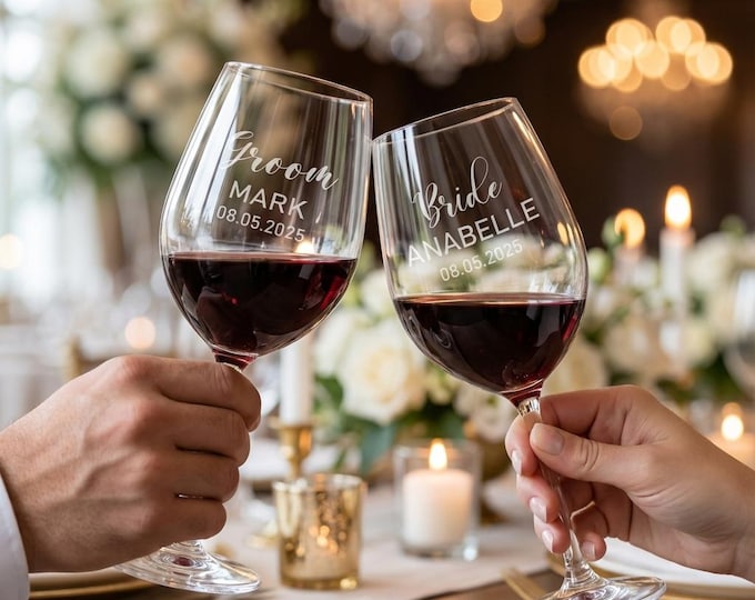 Personalized Wedding Wine Glass Set | Custom "Bride and Groom" Etched Toasting Glasses & Engagement Gift for Couple
