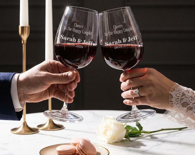 Personalized Etched Wine Glasses Set of 2, Custom Names & Date, Wedding Gift for Couple, Engagement or Anniversary Toast Glasses