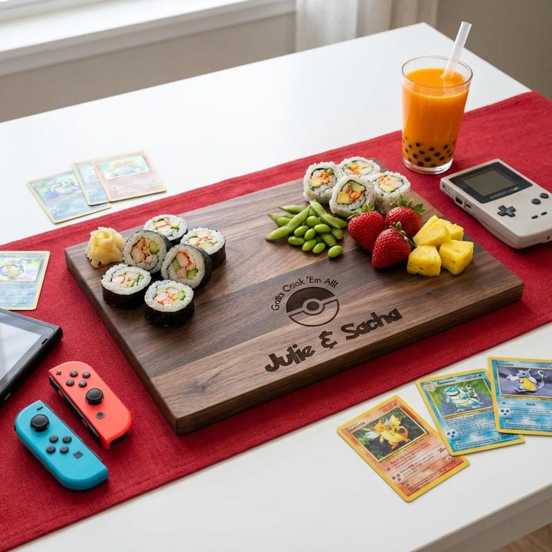 Personalized cutting board – Pokémon: Custom Engraved "Gotta Cook 'Em All!" in Pokémon Font with Couple Names & Date, Unique Gamer Gift zdjęcie 7