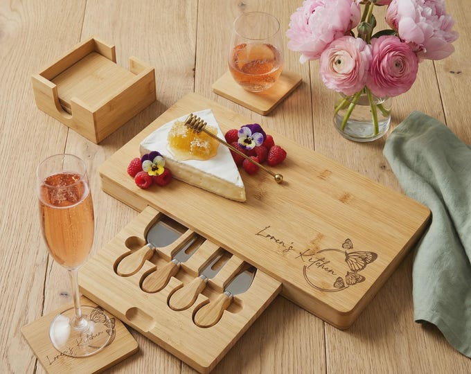 Personalized Bamboo Cheese Board Set | Birthday Gift for Mom, Butterfly Lover Present