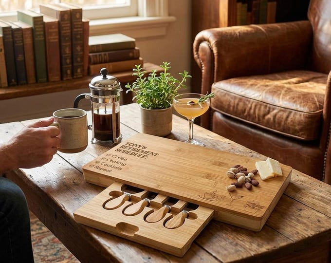 Personalized Retirement Gift for Him | "Retirement Schedule" Charcuterie Board Set & Funny Coworker Leaving Gift