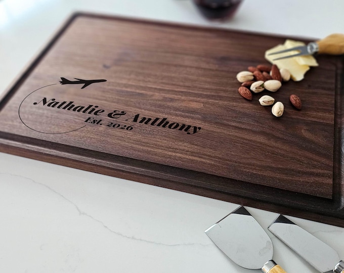 Personalized Charcuterie Board – Travel Lover Couple: Custom Cutting Board | Destination Wedding, Airplane, Flying, Pilot, Explorer Gift