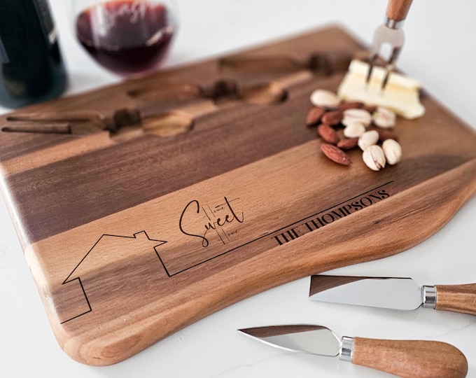 Personalized Home Sweet Home Acacia Cheese Board Set | Custom Engraved Housewarming Gift | Couple's Gift | Charcuterie Board with Knives