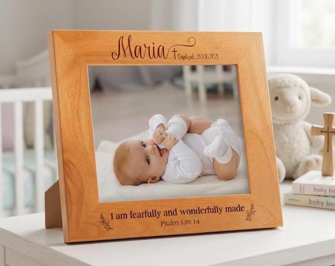 Personalized Baptism Picture Frame | "Fearfully and Wonderfully Made" Wood Photo Gift & Godparent Keepsake