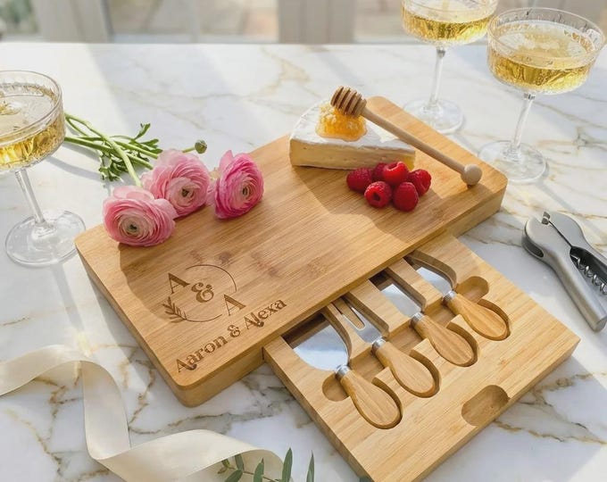 Personalized Bamboo Cheese Board Set with 4 Knives, Custom Monogram Wedding Gift for Couple
