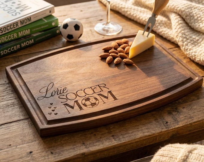 Personalized Soccer Mom Gift | Custom Cutting Board with Juice Groove & Engraved Sports Mom Decor