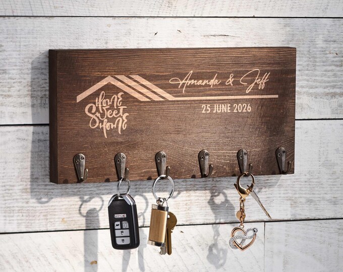 Personalized Key Holder – Home Sweet Home: Custom Engraved Wall Key Hanger for Rustic Home Decor, Realtor, Housewarming & Wedding Gift