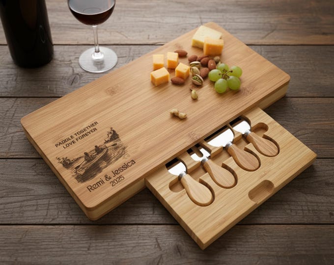 Personalized Charcuterie Board – Kayaking Couple: Custom Engraved Cheese Board | Canoeing Lovers, Engagement, Wedding, Anniversary Gift