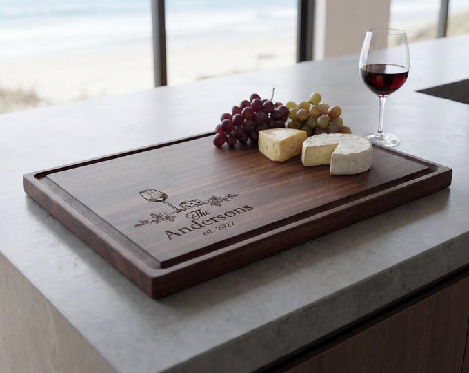 Personalized Wine Lover Cutting Board | Custom Walnut Charcuterie Board with Juice Groove & Wedding Gift