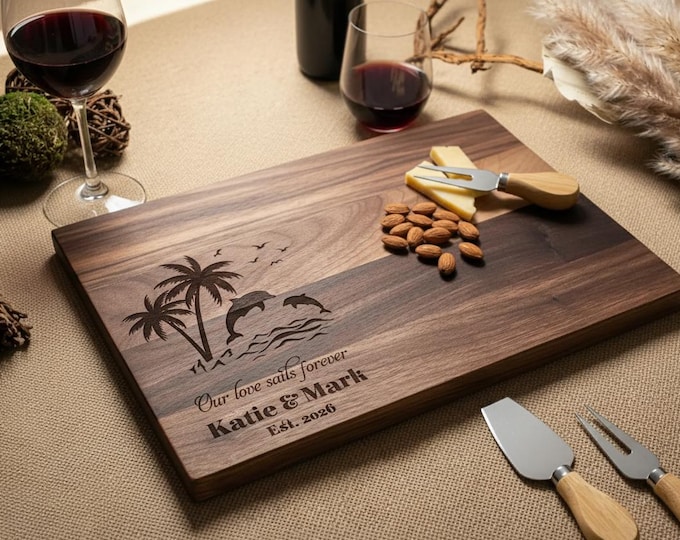 Personalized Cutting Board – Beach Themed: Custom Engraved Charcuterie Board, Ocean, Palm Trees, Dolphins Swimming, Beach House Gift