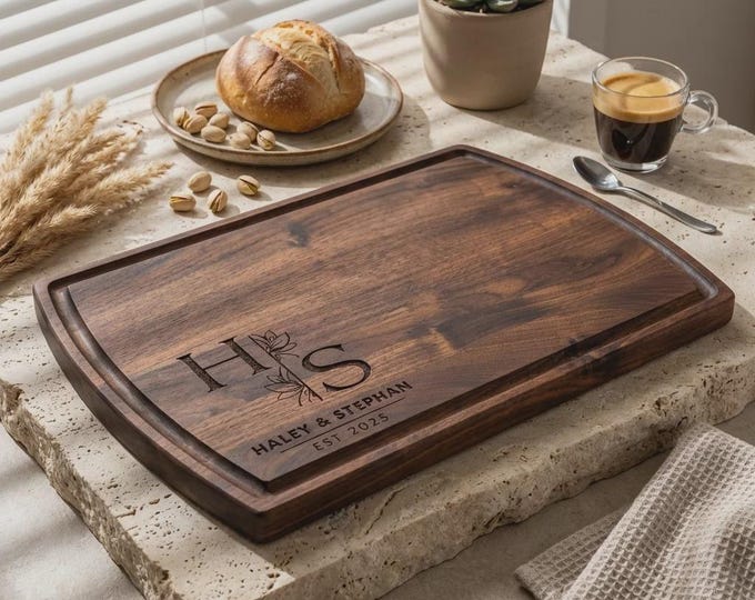 Personalized Wooden Cutting Board, Custom Monogram Wedding Gift for Couple, Engraved Charcuterie Tray