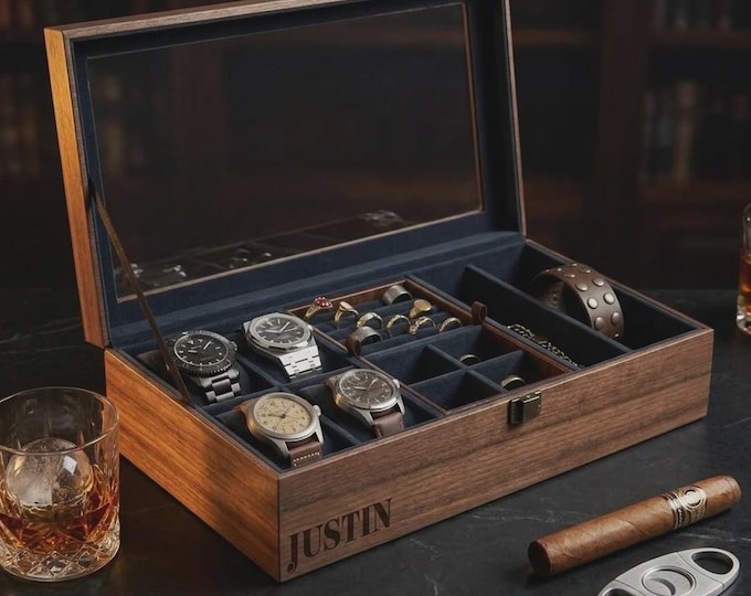 Personalized Wood Watch Box and Jewelry Case for Men, Custom Engraved Valet Organizer with Glass Lid, Fathers Day Gift