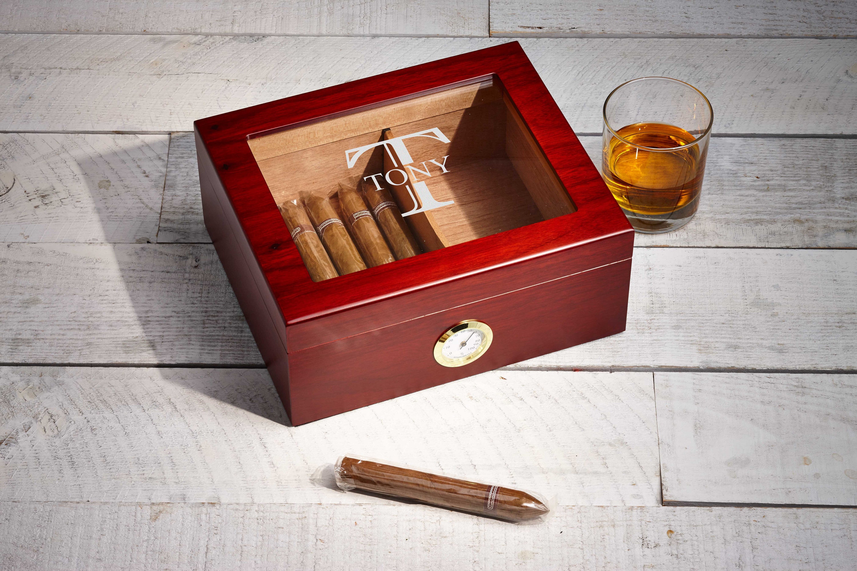 Personalized Cigar Humidor, Engraved Glass Top Cigar Box, Custom Humidor Gift Set, Monogramed ...