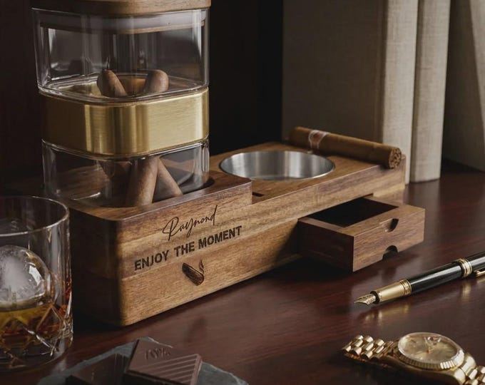 Personalized Wood Cigar Ashtray and Humidor Jar Set, Custom Engraved 3-in-1 Station, Father's Day Gift