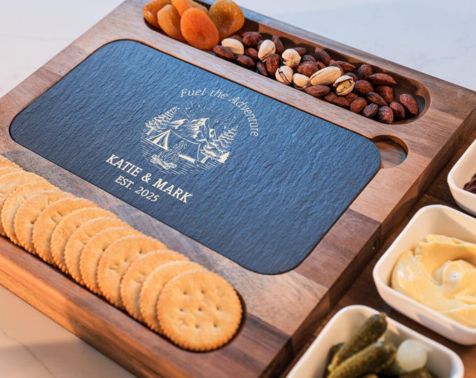 Personalized Charcuterie Set - Custom Engraved Cutting Board: Wilderness, Couple's Outdoor Adventure, Couple campfire, Adventure Awaits Gift