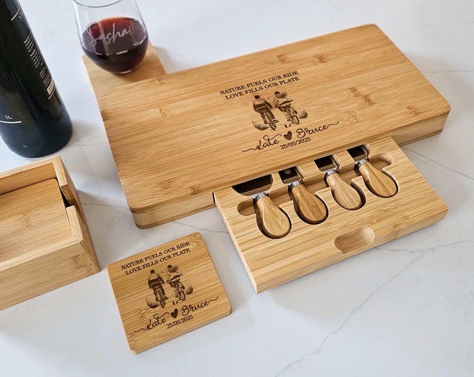 Personalized Charcuterie Board – Biking Couple: Custom Engraved Cheese Board, Perfect Gift For Cycling Couple, Adventure Lovers, Outdoors
