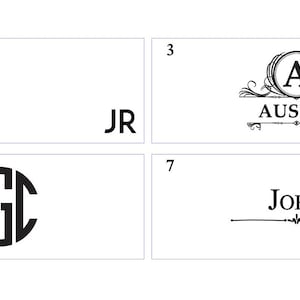 May include: Eight different designs for personalized nameplates. The designs include a monogram, a deer, a name with a decorative line, and a name with a decorative circle. The names shown are Tony, JR, Austin, Justin, Brandon, RGC, John, and Jack.