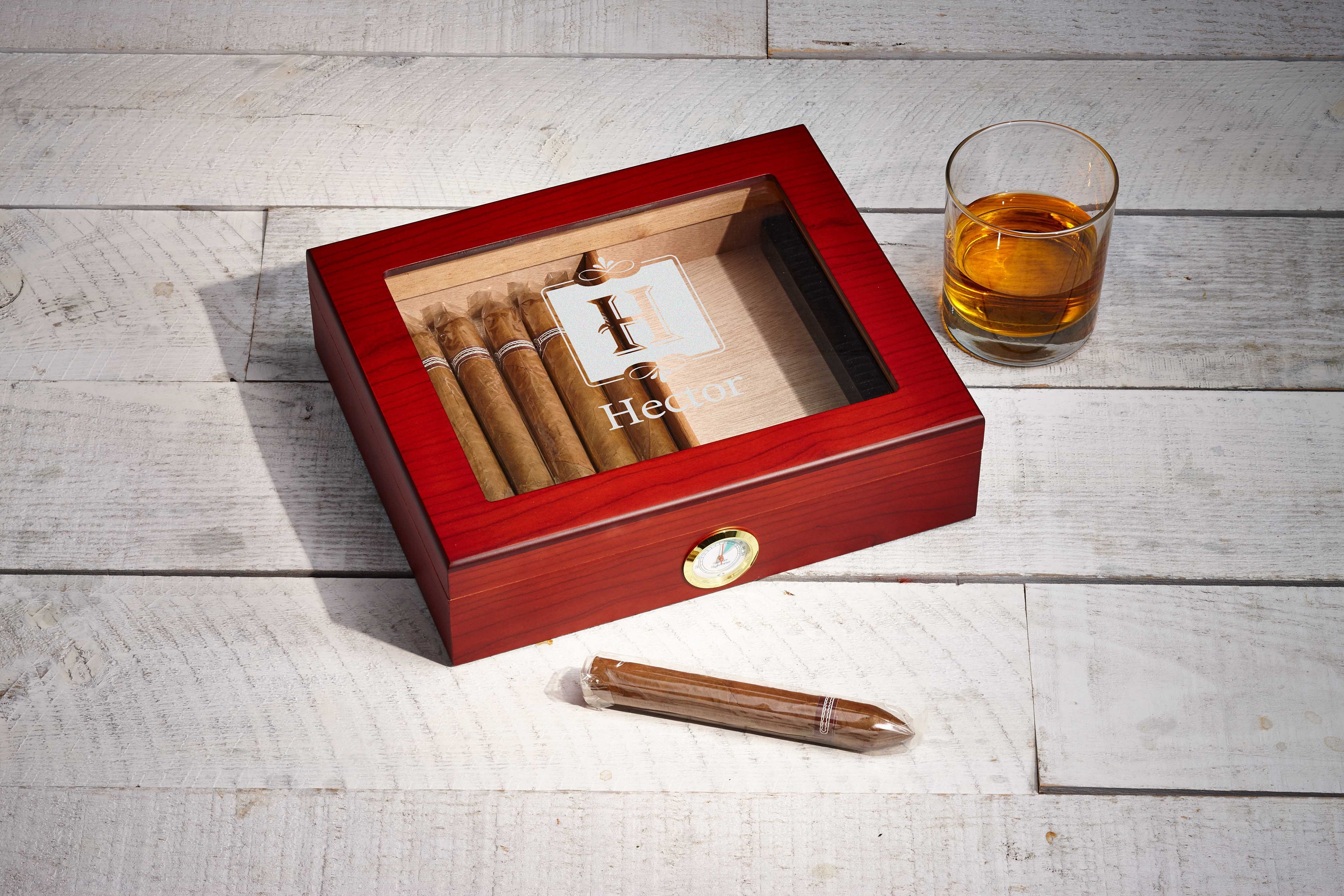Personalized Cigar Humidor, Engraved Glass Top Cigar Box, Custom Humidor Gift Set, Monogramed